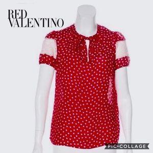 Red Valentino Polka Dot Tie Neck Lace Sleeve Top